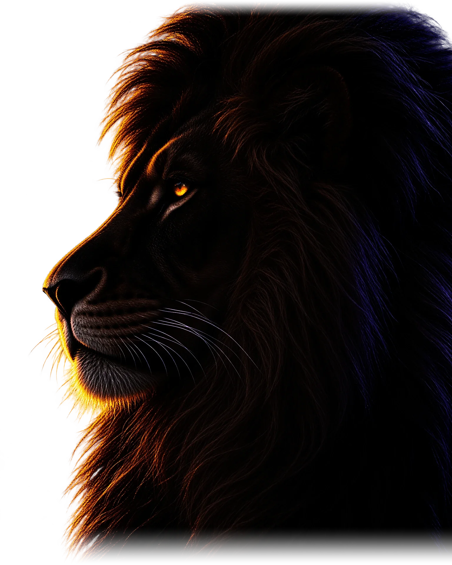The AdITio lion in profile, looking left toward the offer, one eye lit, rim-lit in orange.